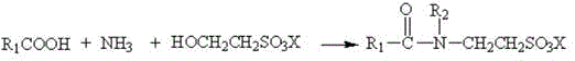 One-step synthesis of fatty acyl amino acid surfactant from fatty acid, ammonia, and isethionate