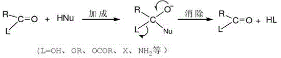 General mechanism of nucleophilic acyl substitution showing addition and elimination steps