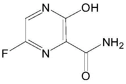 Chemical structure of Favipiravir (6-fluoro-3-hydroxypyrazine-2-carboxamide)
