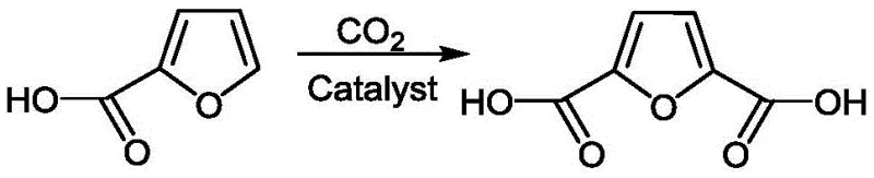 Reaction scheme showing the carbonylation of furoic acid with CO2 to produce furandicarboxylic acid using a catalyst