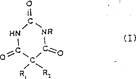 Chemical structure of Formula I pyrimidinetrione derivative showing the core ring and side chains