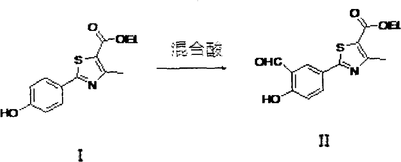 Reaction scheme showing the Duff formylation of the thiazole precursor using urotropine in mixed acid