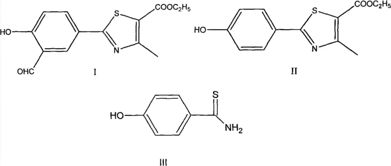 Chemical structures of Febuxostat intermediates I, II, and III showing the thiazole core evolution