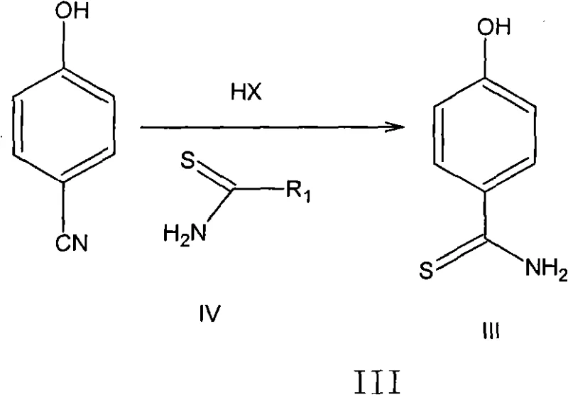 Reaction scheme showing the conversion of p-cyanophenol to 4-hydroxythiobenzamide using thioacetamide and acid