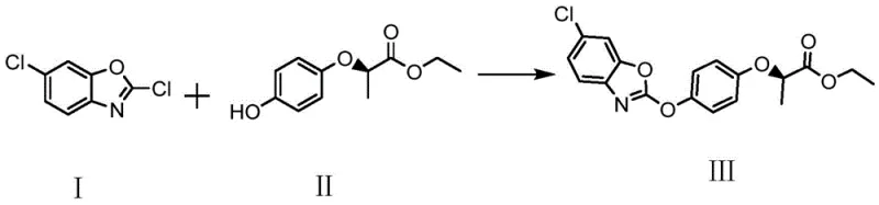 Chemical reaction scheme showing the synthesis of fenoxaprop-p-ethyl from 2,6-dichlorobenzoxazole and R-(+)-2-(4-hydroxyphenoxy) ethyl propionate