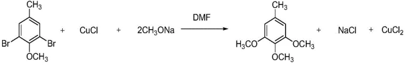 Friedel-Crafts Acylation reaction scheme showing the coupling of acid chloride and trimethoxytoluene