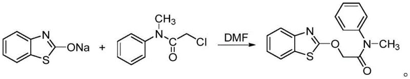 Reaction scheme showing the coupling of benzothiazolone salt with 2-halo-N-methyl-N-phenylacetamide to form Fenthiolamide