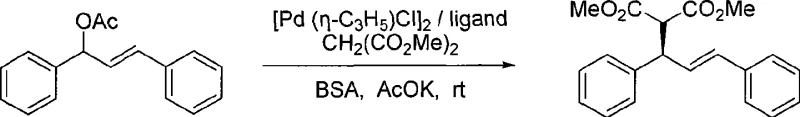 Catalytic asymmetric allylic substitution reaction scheme using palladium and ferrocene ligand