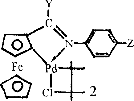 General structure of the ferrocene imine cyclopalladium complex catalyst