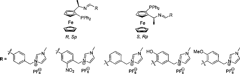 General chemical structure of the ferrocene phosphinimine ligand containing imidazolium salt groups showing R and S configurations