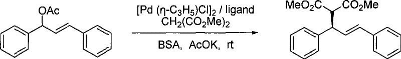 Reaction scheme showing the catalytic asymmetric allylic substitution using the ferrocene ligand and palladium dimer