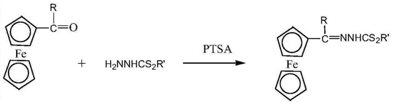 Reaction equation showing the condensation of acylferrocene and hydrazinodithioformate catalyzed by PTSA