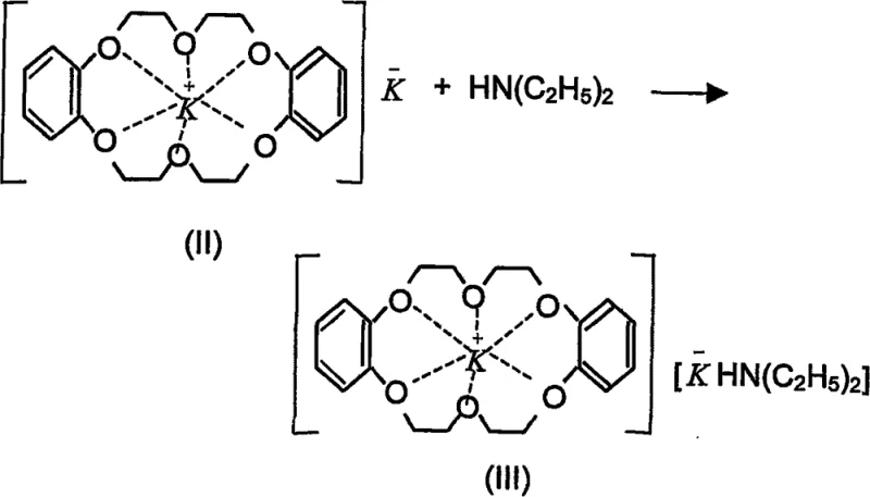 Formation of the potassium anion-diethylamine-dibenzo-18-crown-6-potassium-cation complex (III) from the interaction of dibenzo-18-crown-6 potassium (II) and diethylamine