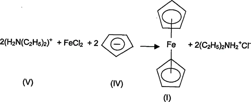 Reaction of anionic cyclopentadiene (IV) with ferrous chloride and cationic diethylamine (V) to form dicyclopentadienyl iron (I)
