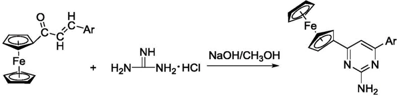 General reaction scheme showing the condensation of ferrocenyl chalcone with guanidine hydrochloride to form 4-ferrocenyl-6-aryl-2-aminopyrimidine