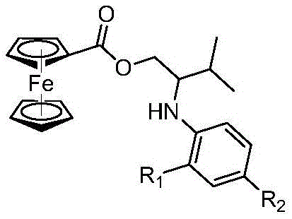 General structural formula of the synthesized ferrocenyl arylamine compounds showing variable R1 and R2 groups