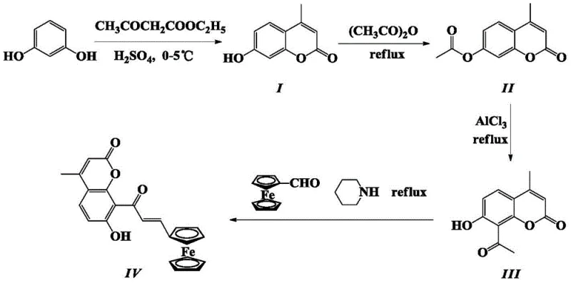 Four-step synthetic route from resorcinol to ferrocenyl coumarin showing Knoevenagel condensation, esterification, Fries rearrangement, and aldol condensation