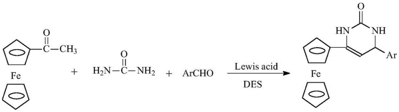 Reaction scheme showing acetylferrocene, urea, and aromatic aldehyde reacting in DES with Lewis acid to form the target DHPM derivative