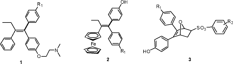Structural comparison showing tamoxifen derivative (1), ferrocene-modified analog (2), and target bicycloheptene compound (3)