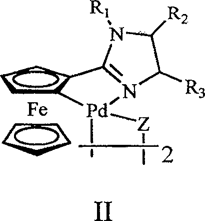 Chemical structure of Ferrocenyl imidazoline ring palladium compound catalyst