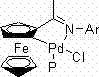 Chemical structure of the ferrocenimine cyclopalladium-phosphine adduct catalyst showing the iron center and palladium coordination