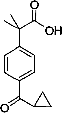 Chemical structure of 2-(4-cyclopropoxycarbonylphenyl)-2-methylpropanoic acid showing the cyclopropyl ring and carboxylic acid group