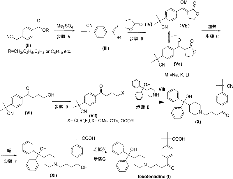 Complete synthetic route scheme for Fexofenadine showing Steps A through G