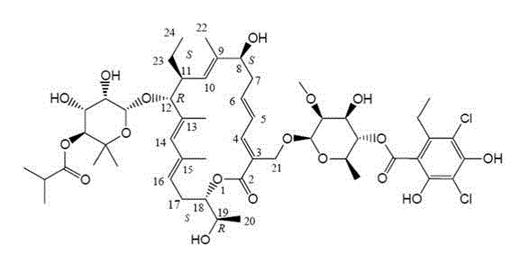 Chemical structure of Fidaxomicin showing the complex 18-membered macrolide ring