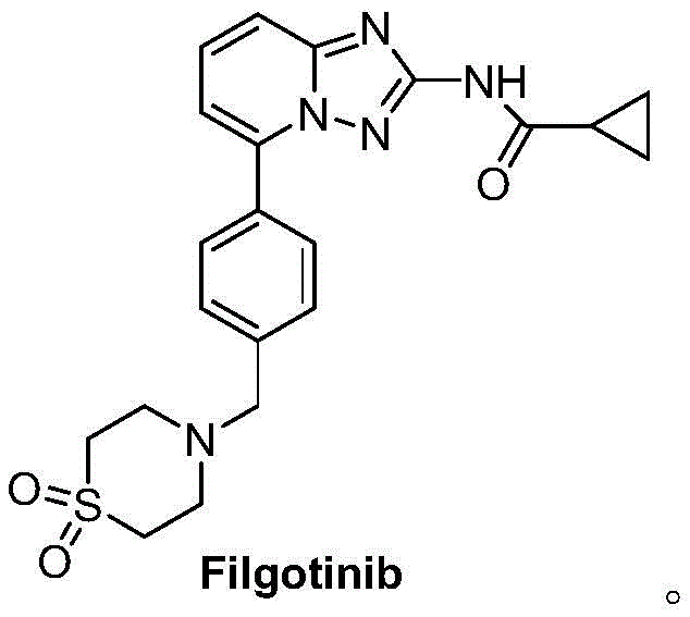 Chemical structure of Filgotinib showing the core triazolopyridine and thiomorpholine dioxide moieties