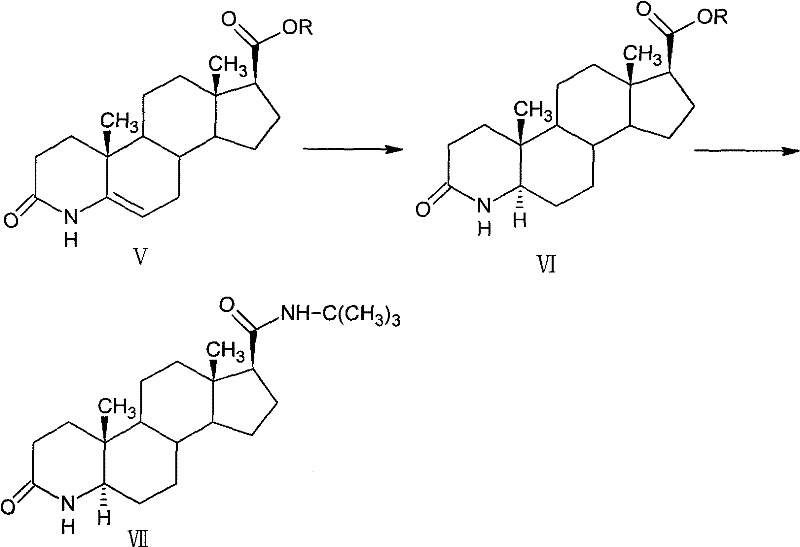 Chemical reaction scheme showing the second half of the synthesis from Compound V to Compound VII involving cyclization, hydrogenation, and amidation