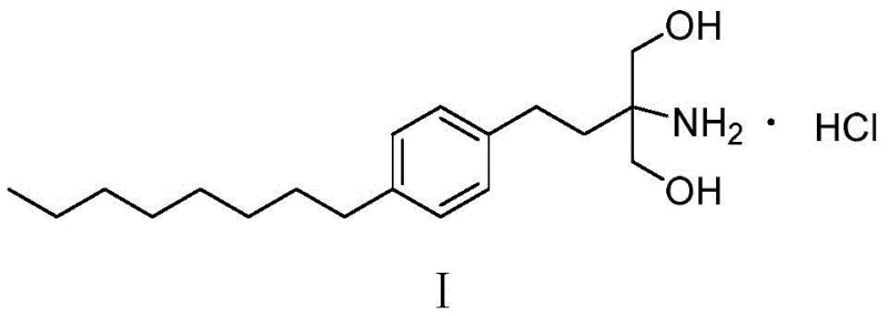 Chemical structure of Fingolimod Hydrochloride showing the amino-propanediol core and octylphenyl tail