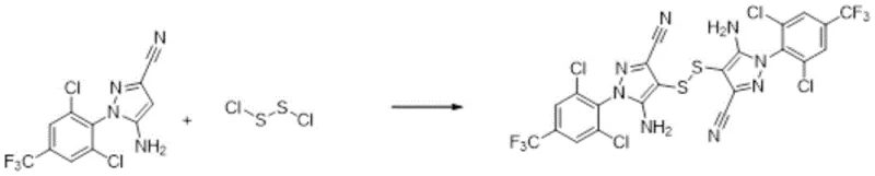Reaction scheme showing the synthesis of 5-amino-3-cyano-1-(2,6-dichloro-4-trifluoromethyl-phenyl) pyrazole disulfide using sulfur monochloride