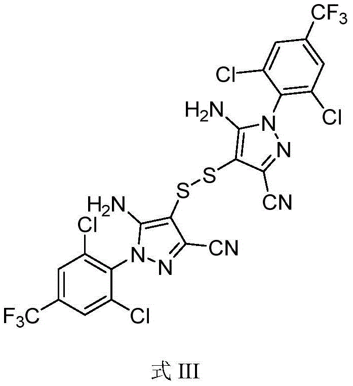 Chemical structure of 5-amino-3-cyano-1-(2,6-dichloro-4-trifluoromethyl-phenyl) pyrazole disulfide (Formula III)