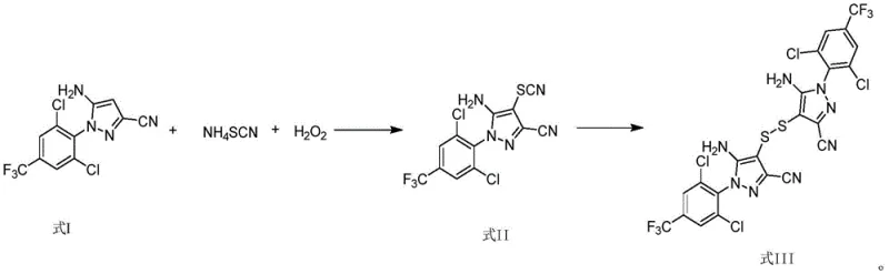 Reaction scheme showing the conversion of pyrazole (I) to thiocyanide (II) and finally to disulfide (III)
