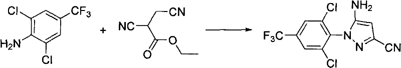 Conventional synthesis route involving diazotization and coupling with 2,3-dicyano ethyl propanoate
