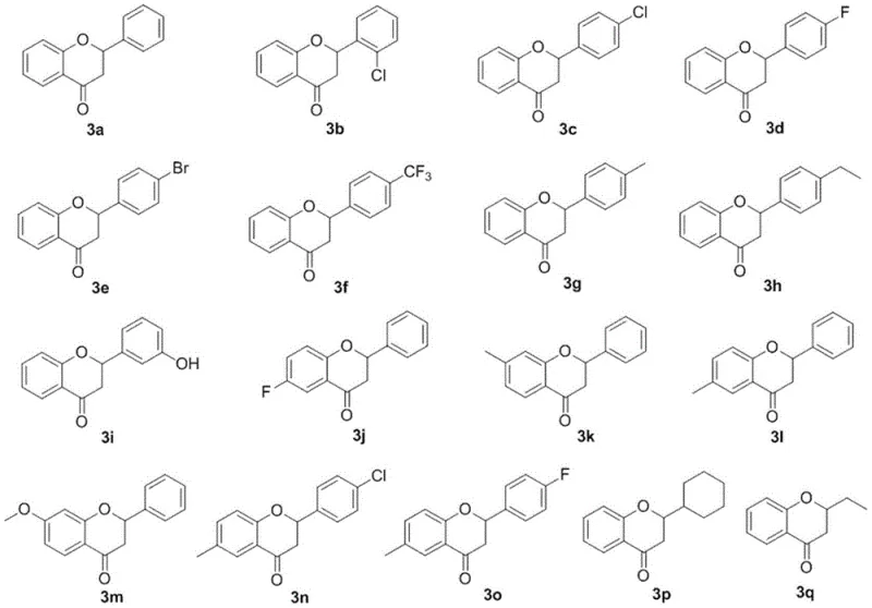 Structural diversity of synthesized flavanone compounds 3a-3q demonstrating broad substrate tolerance