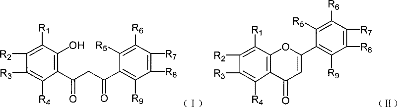 General chemical structures of flavonoid precursors (Formula I) and products (Formula II) showing variable substituent positions R1-R9