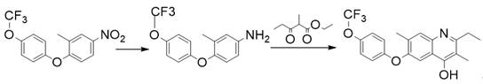 Reaction scheme showing the one-pot conversion of nitro-benzene derivative to flometoquin intermediate using Pt/C and H2