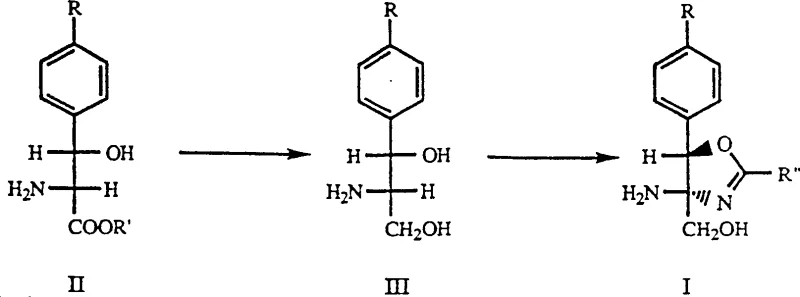 Chemical flow chart showing the one-pot conversion of Formula II to Formula III and finally to Formula I oxazoline