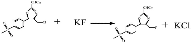 Chemical reaction equation showing the nucleophilic substitution of the chloromethyl intermediate with potassium fluoride to yield the fluoro-oxazoline product