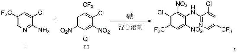 Reaction scheme showing the coupling of Intermediate I and II to form Fluazinam using the mixed solvent system