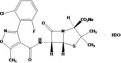 Chemical structure of Flucloxacillin Sodium showing the isoxazole side chain and beta-lactam ring