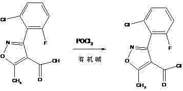 Reaction scheme showing the formation of acid chloride from isoxazole carboxylic acid using POCl3
