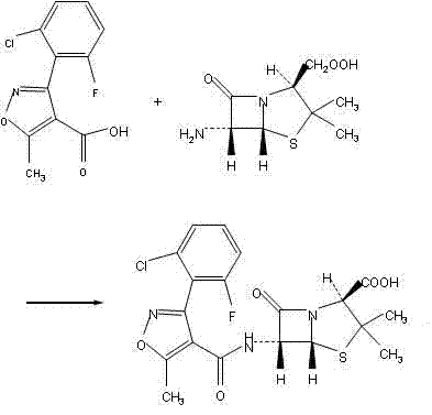 Acylation reaction mechanism between the acid chloride intermediate and 6-APA to form Flucloxacillin Acid