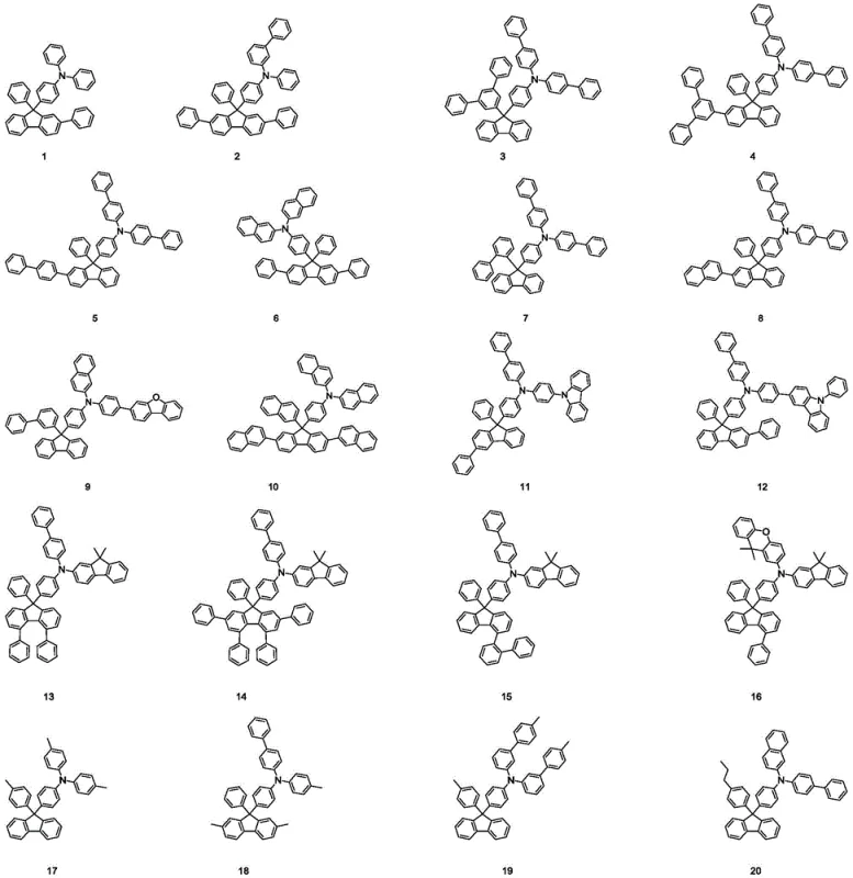 General structural formula of the novel fluorene compounds showing diverse aryl substitutions