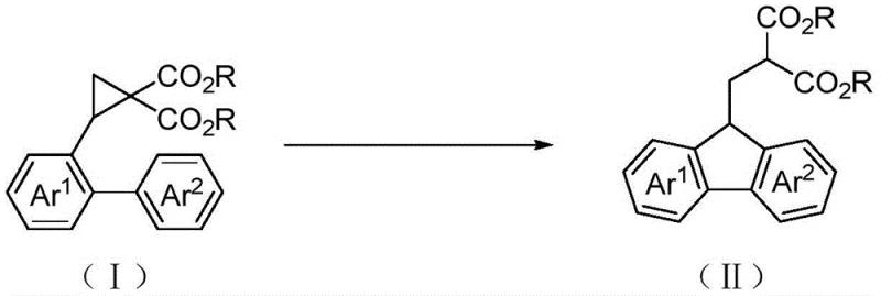General reaction scheme showing acid-catalyzed conversion of cyclopropane I to fluorene II