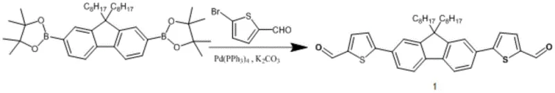 Suzuki-Miyaura coupling reaction scheme for synthesizing the central fluorene-thiophene aldehyde intermediate