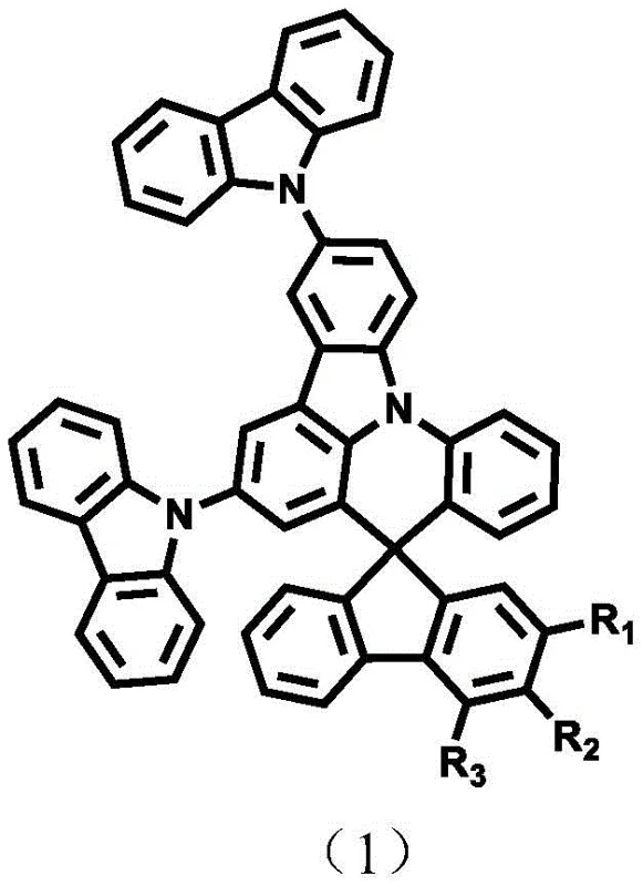 General chemical structure of fluorene spirophenyl tricarbazole derivatives showing variable R groups