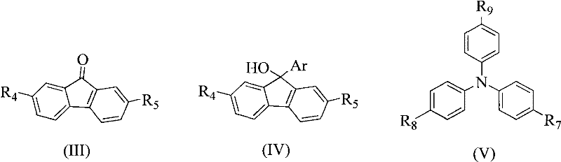 Synthetic route showing the conversion of 9-fluorenone to 9-aryl-9-hydroxyfluorene and subsequent coupling with triphenylamine