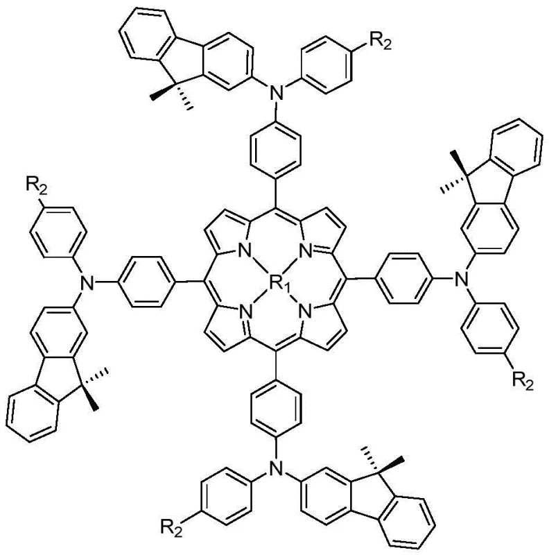 General structural formula I of the fluorene-modified zinc porphyrin hole transport material showing variable R1 and R2 groups
